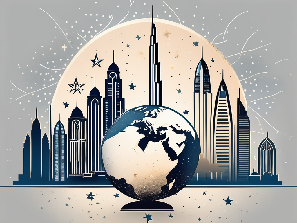 The iconic dubai skyline with seven stars shining brightly above it