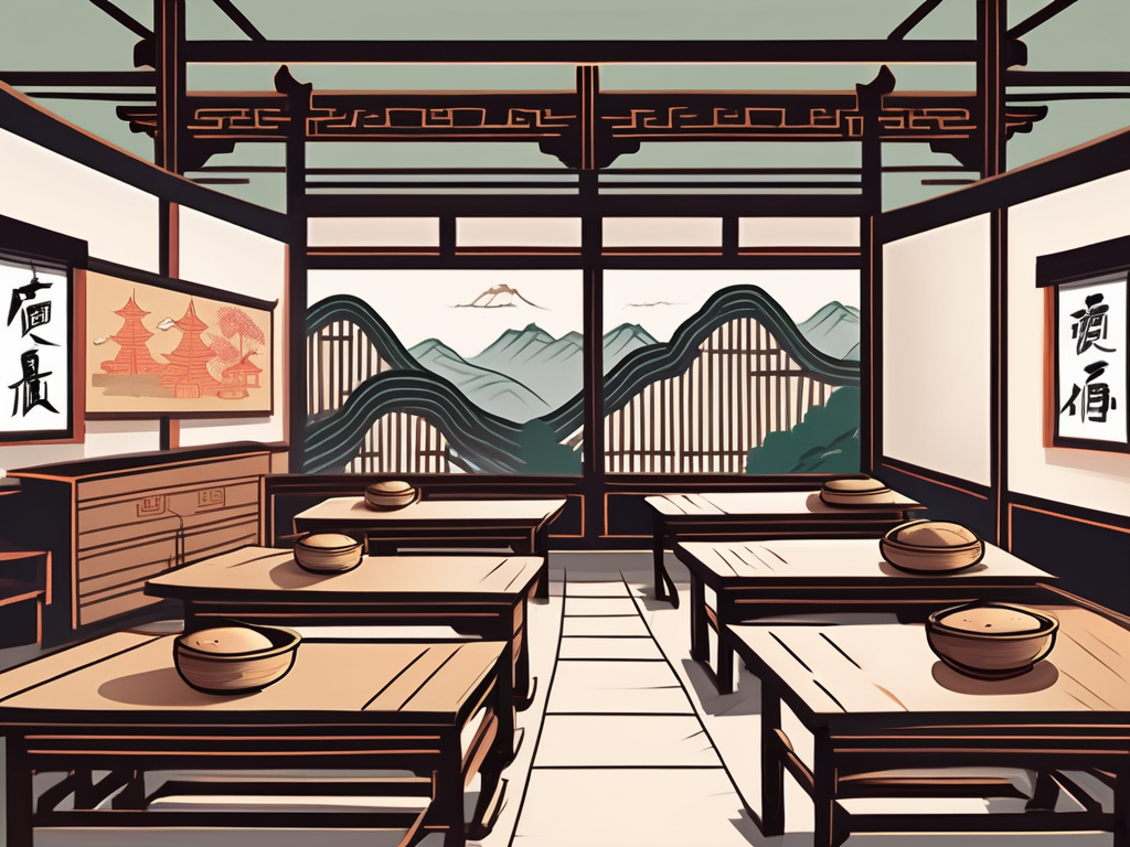 A traditional chinese classroom setting with a chalkboard