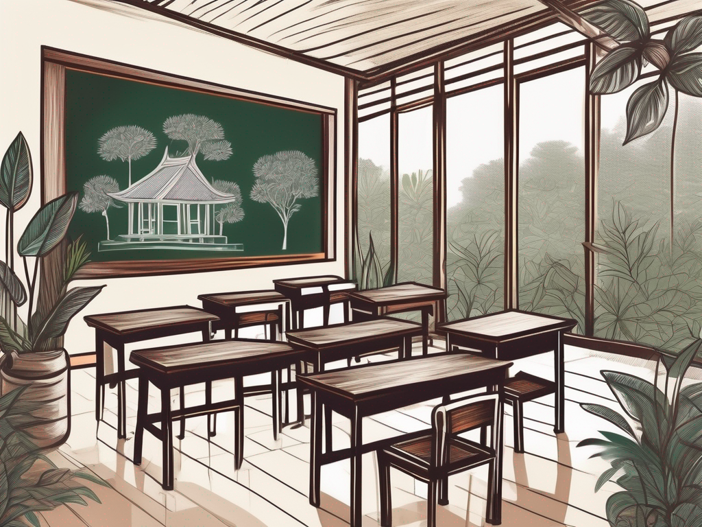 A traditional cambodian classroom setting with a chalkboard