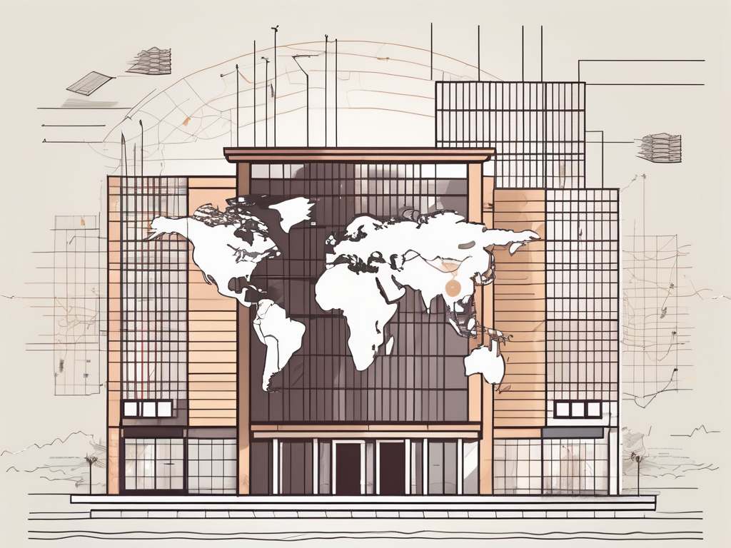 A school building with a global map in the background