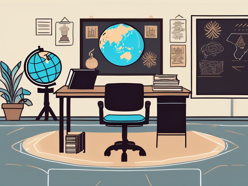 A classroom setting with an empty teacher's desk and chair