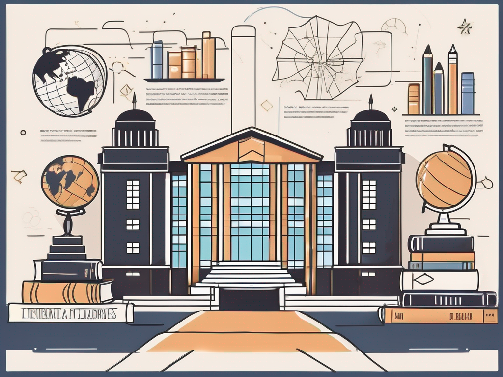 An international school building in the philippines surrounded by various educational symbols like books