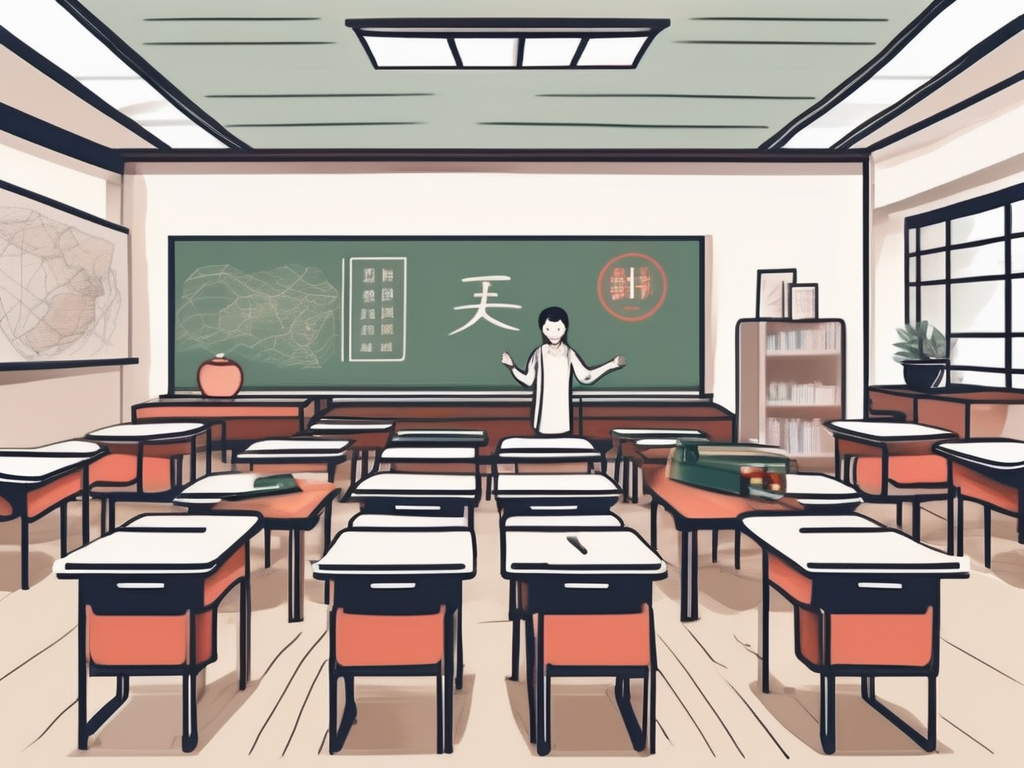 A classroom setting in china with various symbols representing challenges such as language barrier