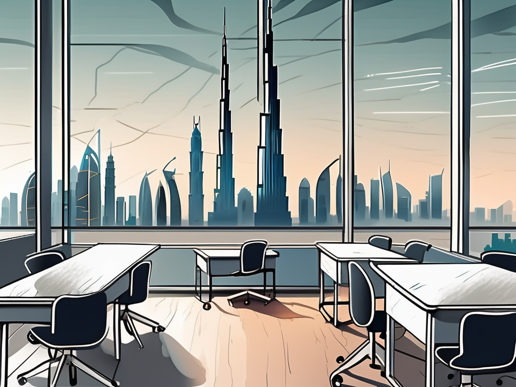 A classroom with a teacher's desk