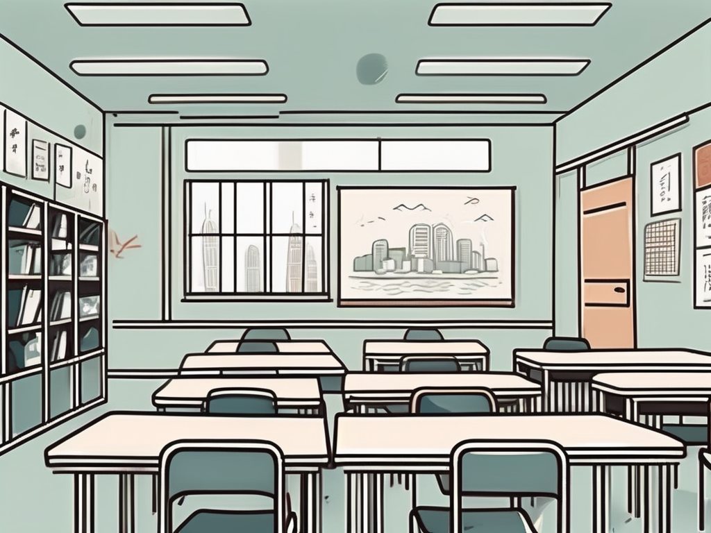 A classroom setting in hong kong with various symbolic elements representing challenges such as language barriers