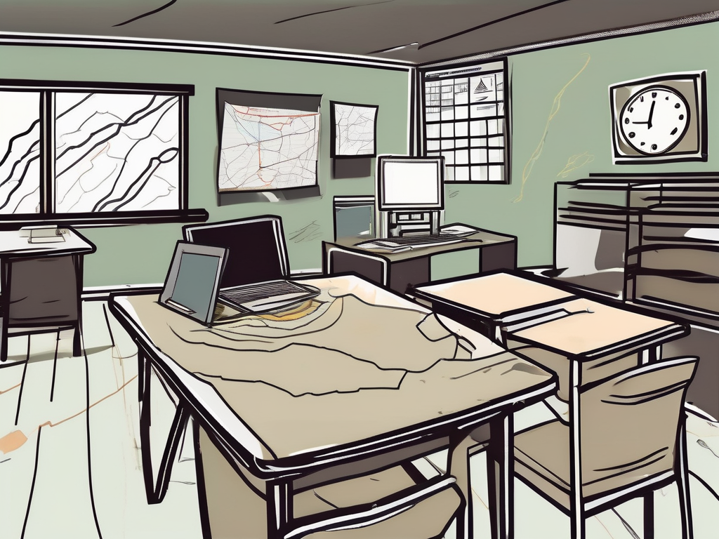 A classroom setting in thailand with various elements symbolizing challenges such as a broken computer