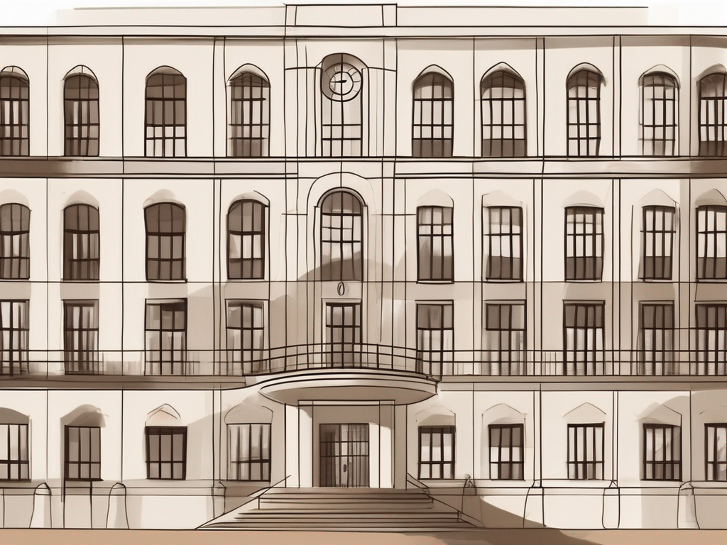 A spanish international school building with a symbolic timeline or hourglass indicating the passing of years