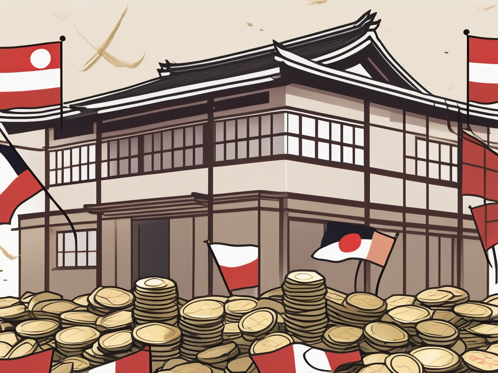 A traditional japanese school building with various international flags fluttering in the wind