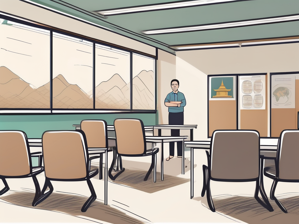 A classroom setting in thailand with teaching materials on the desk and an interview panel setup in the foreground