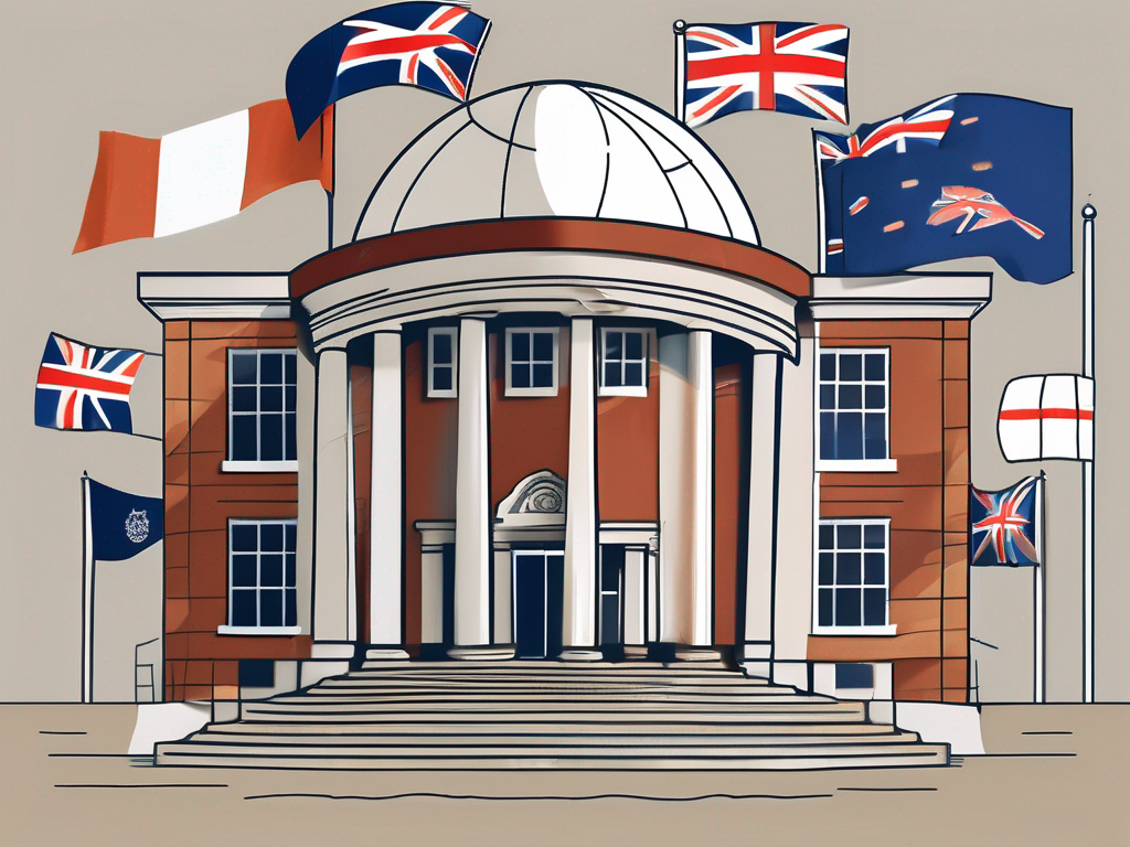 A traditional british school building with a globe and a few different national flags nearby