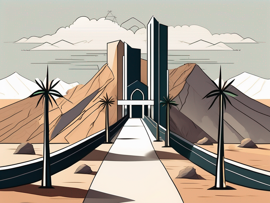 A saudi arabian landscape with symbolic elements like a school building