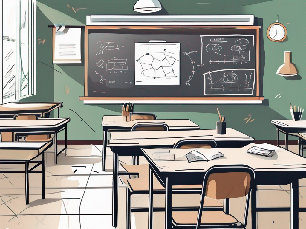 A classroom setting in thailand with scattered teaching materials and a chalkboard