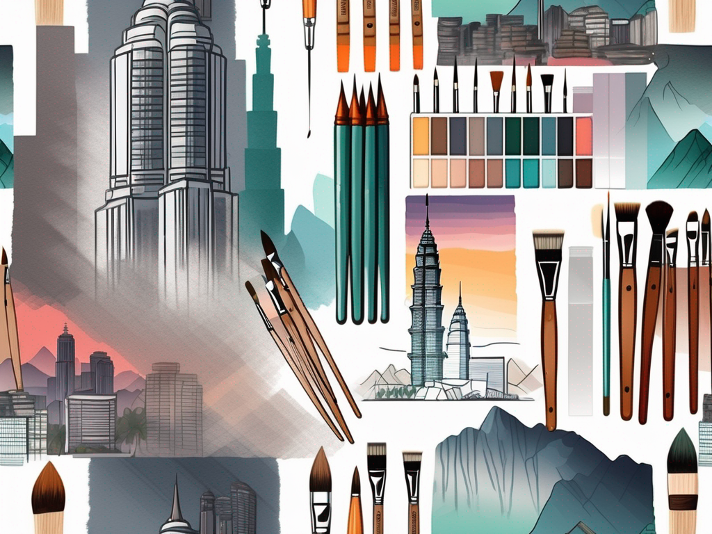 A diverse array of art supplies like paintbrushes