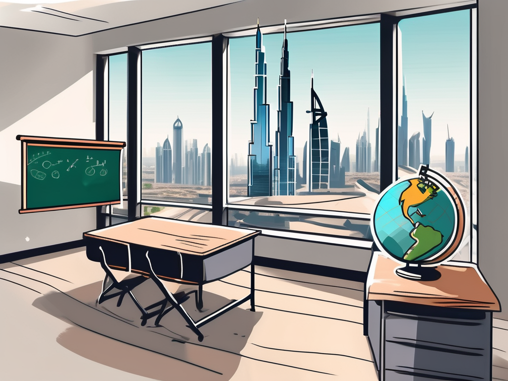 A classroom setting in dubai with a desk