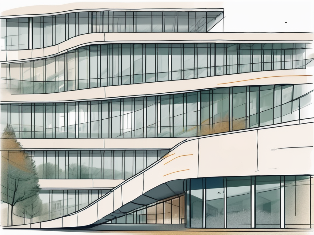 An international school building in berlin with a timeline ribbon winding around it