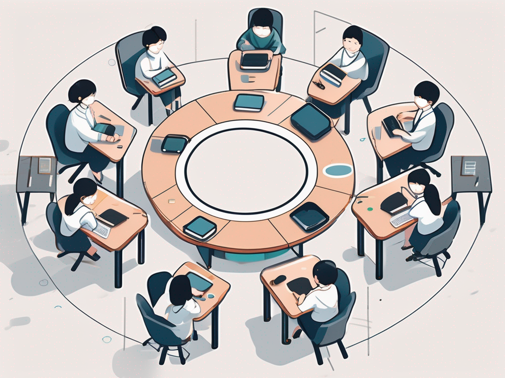 A classroom setting in china with desks arranged in a circle