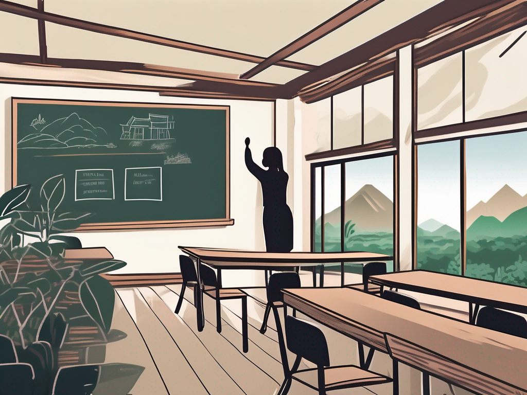 A classroom setting in thailand with a chalkboard