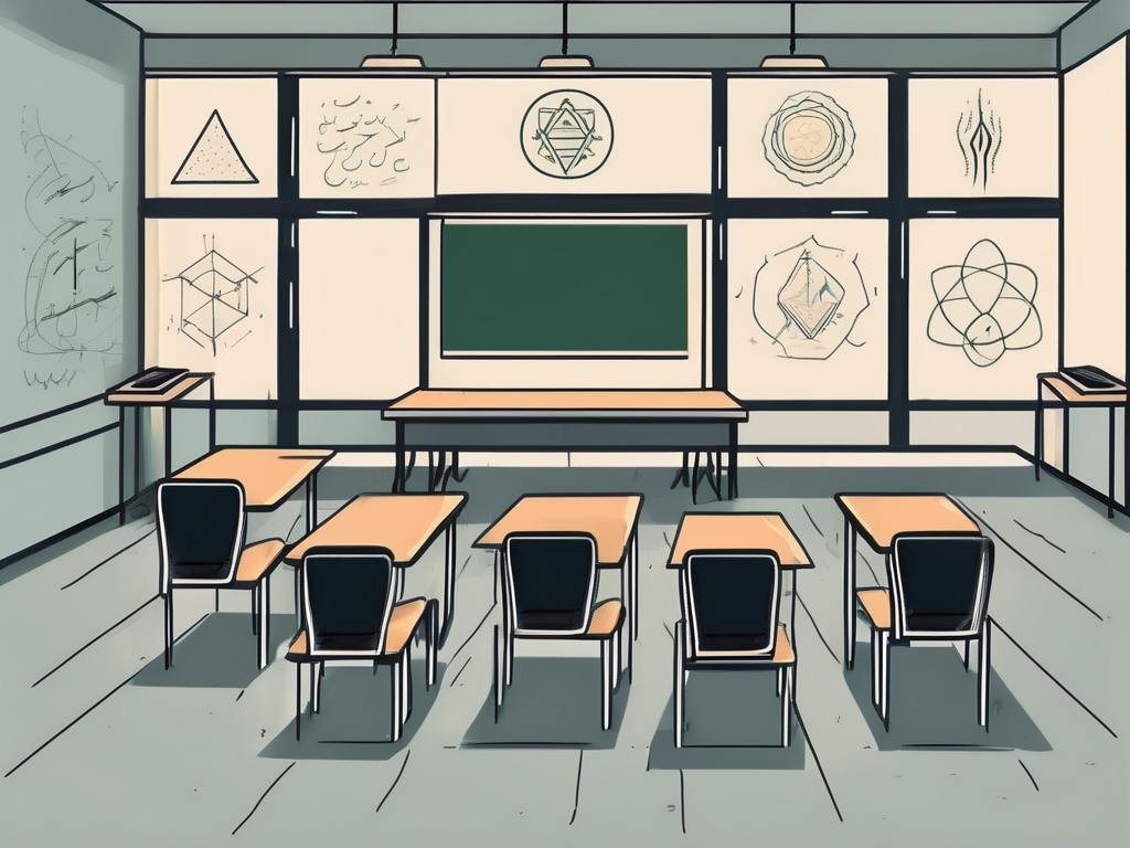 A classroom setting in saudi arabia with a chalkboard displaying five different symbols