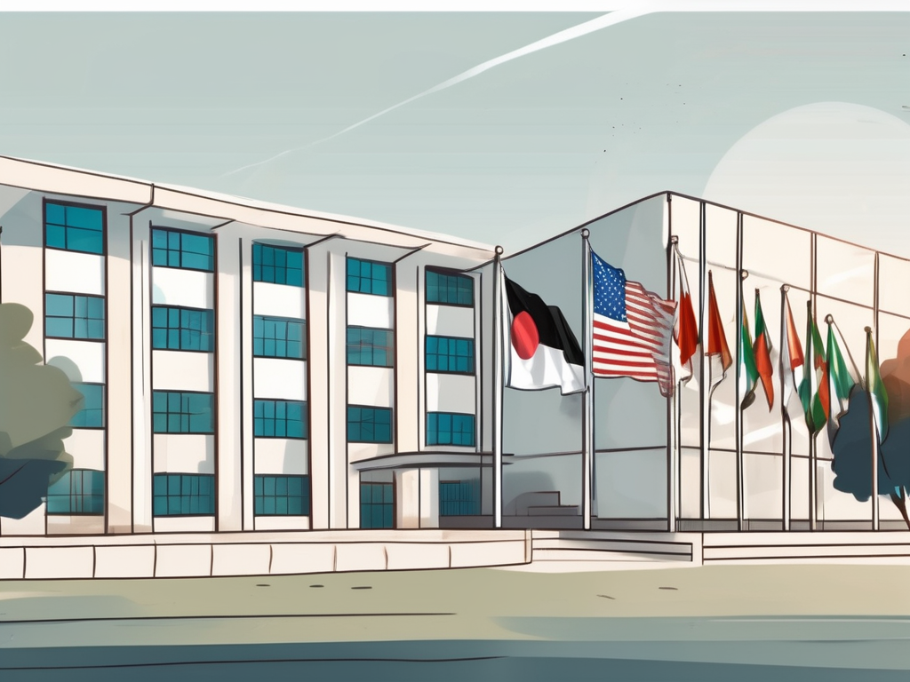 An international school building in abu dhabi with various national flags fluttering in the wind