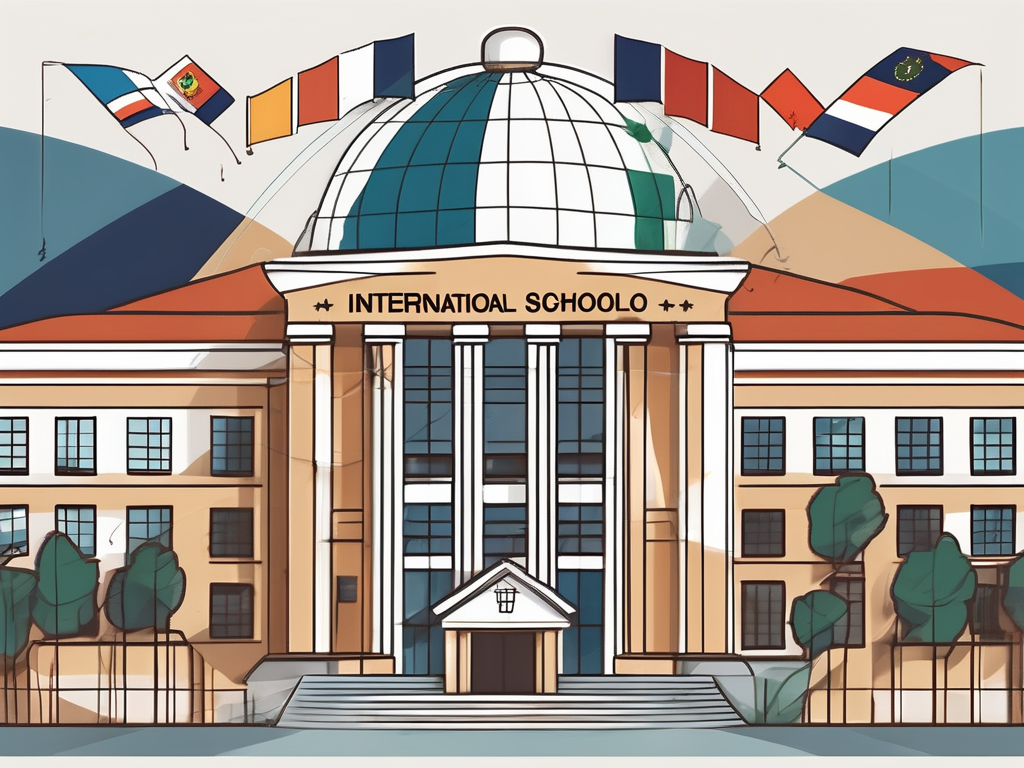 An international school building in bogota surrounded by various educational symbols like globes