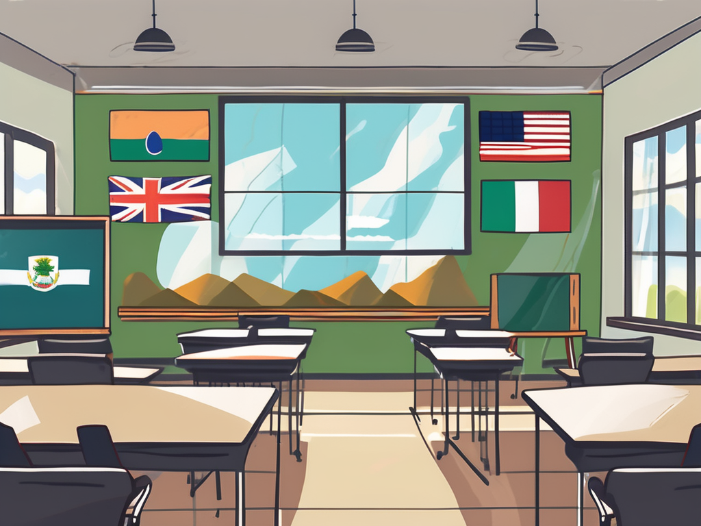 A classroom with international flags