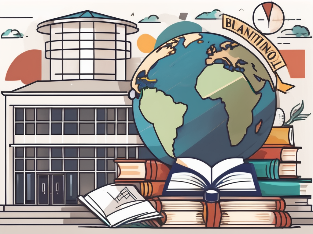 An international school building in brunei surrounded by various educational symbols like books