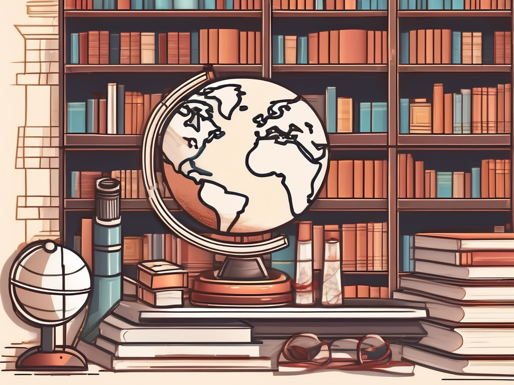 A traditional chinese school building with a globe and various educational tools like a microscope