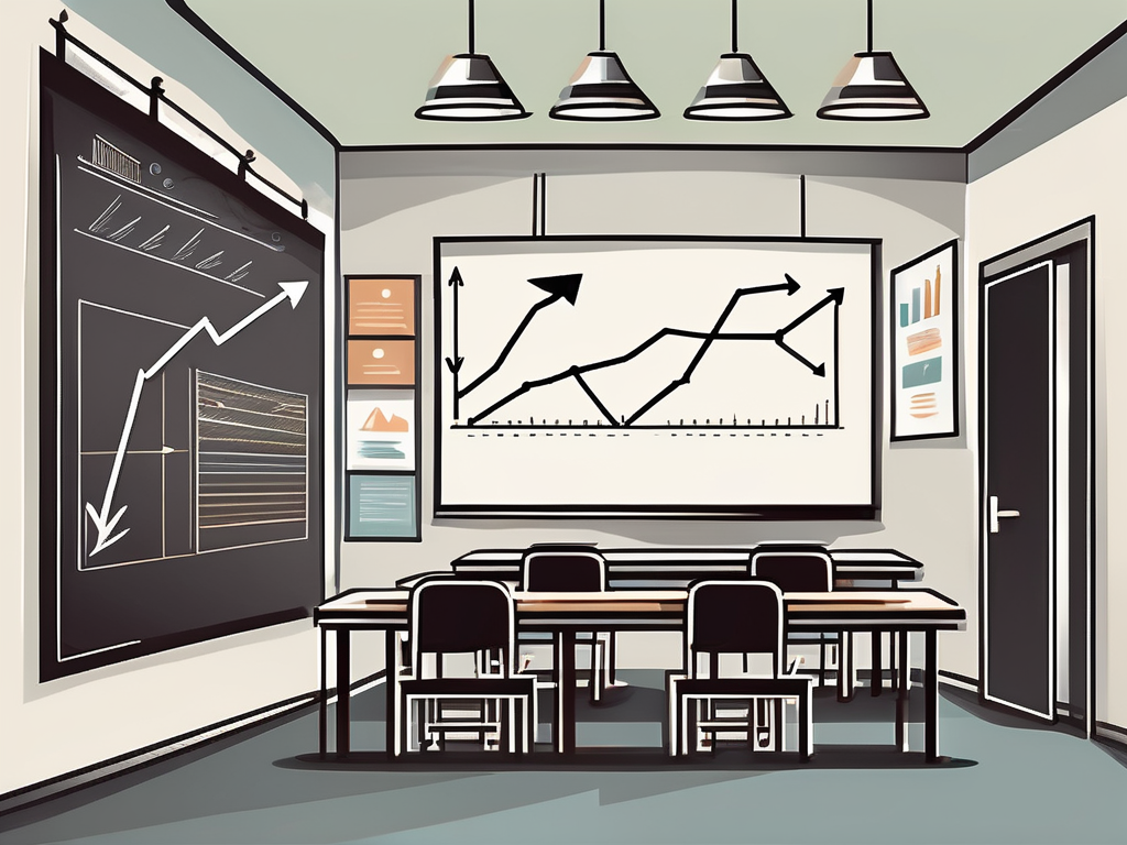A classroom setting with a chalkboard showing a rising arrow