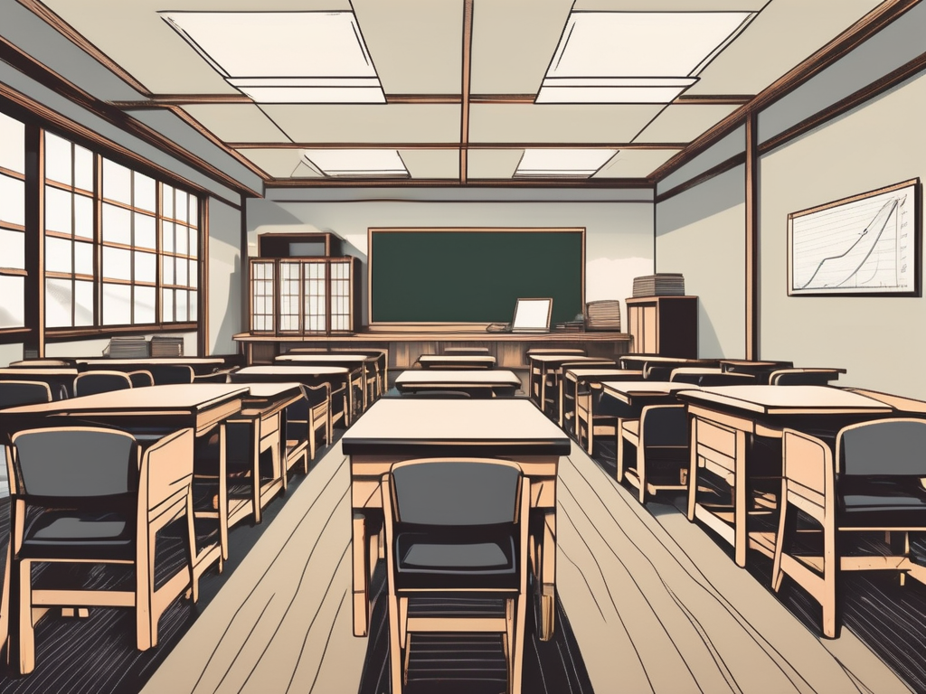 A traditional japanese classroom setting with a chalkboard