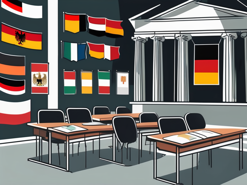 A classroom setting with various international flags