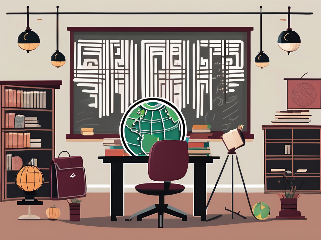 A classroom setting with distinctive cultural elements from both china (like a great wall motif on the wall) and qatar (like a traditional lantern on the desk)