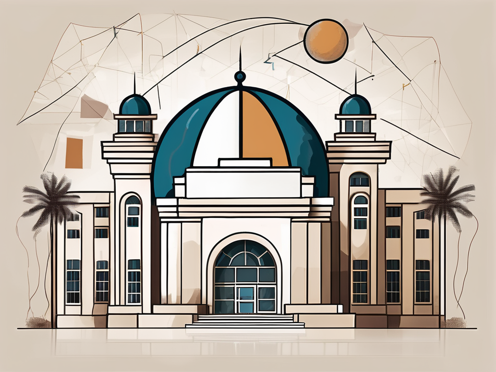 An international school building in doha with various educational symbols like globe