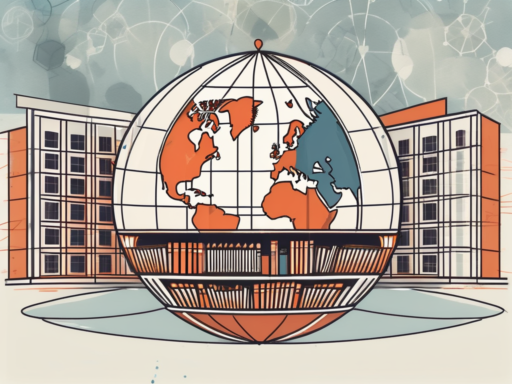 An international school building in madrid with various symbolic elements like a globe