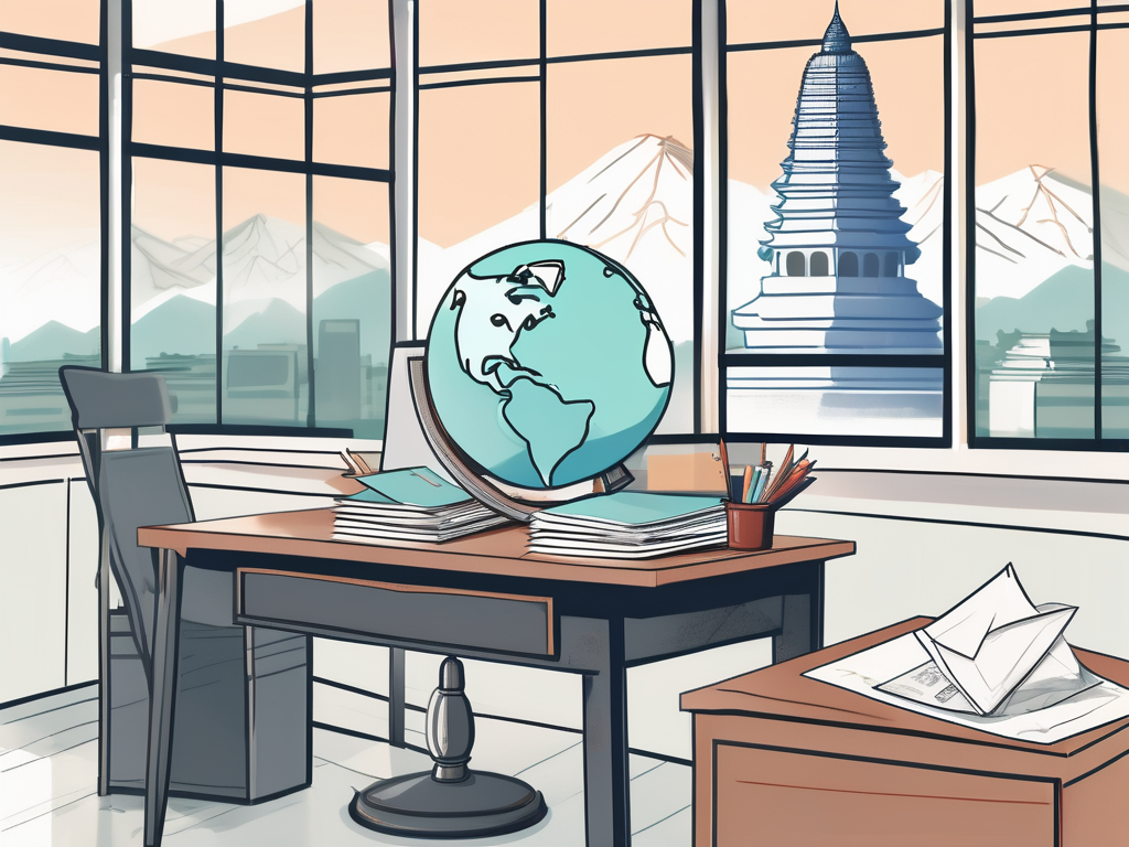 A classroom setting with a view of famous thai landmarks outside the window