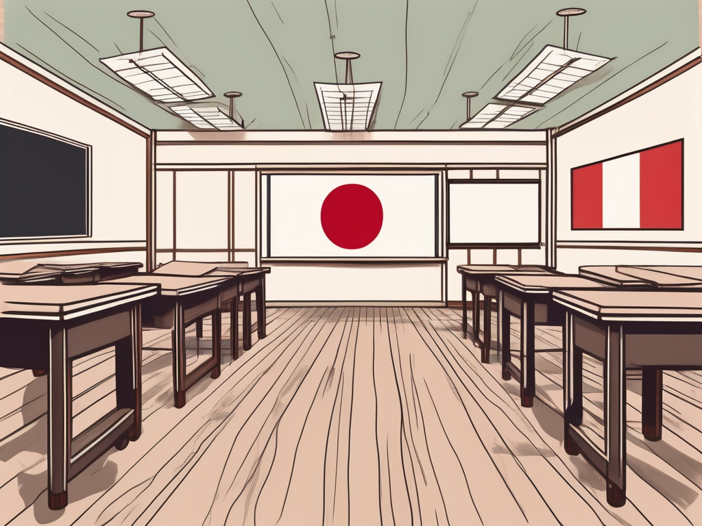 A traditional japanese classroom with international flags hanging
