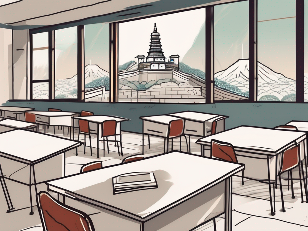 A classroom setting with a view of iconic asian landmarks