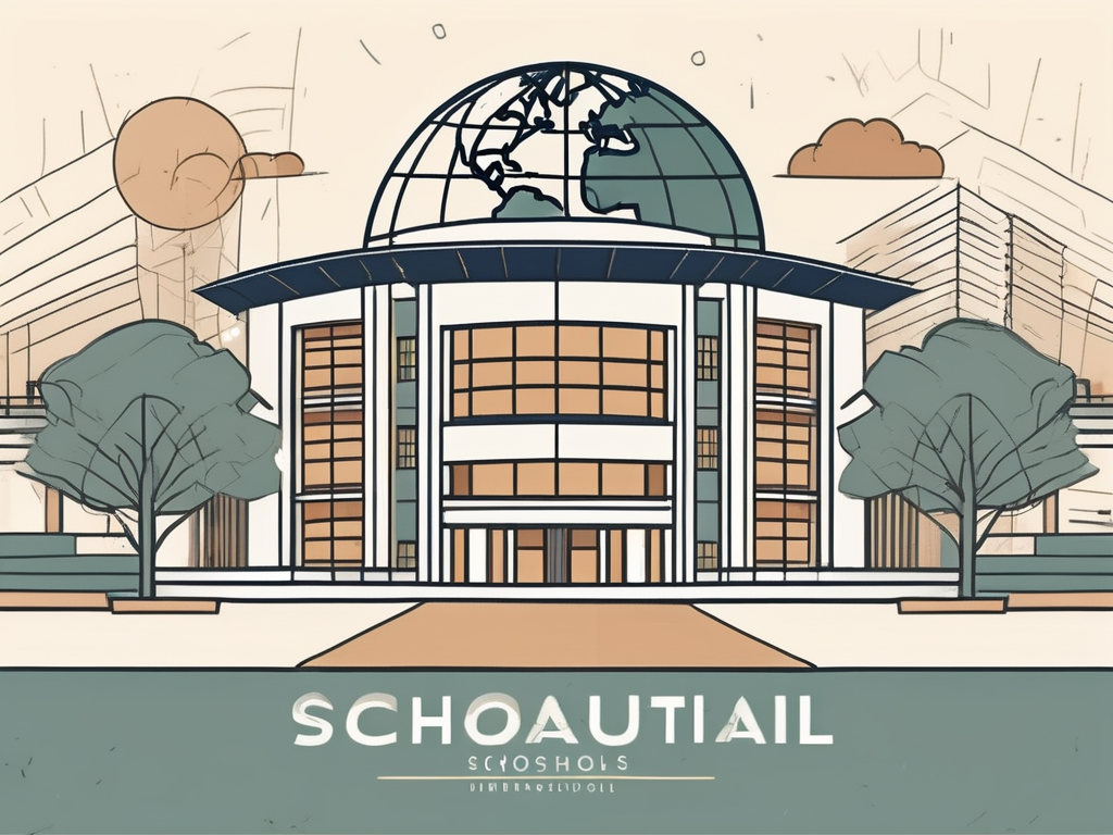 An international school building in jakarta with diverse educational symbols like a globe