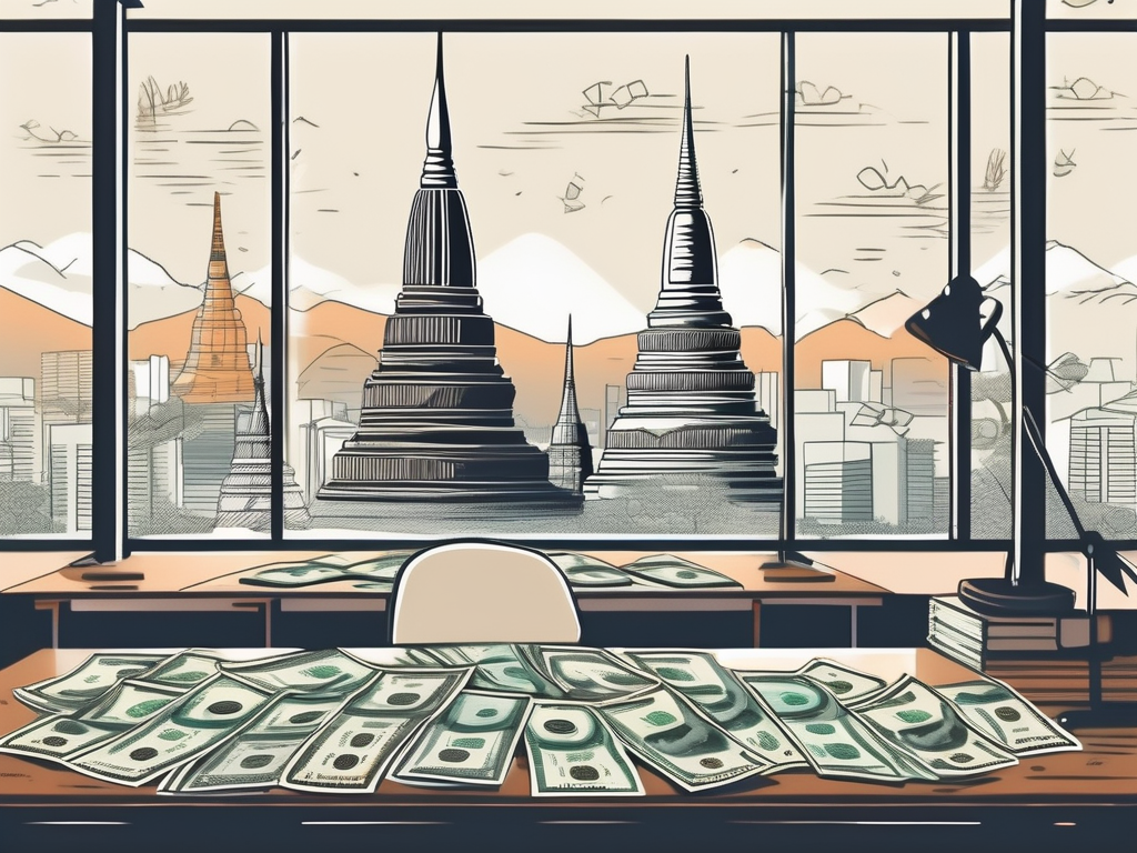 A classroom setting with a view of famous thai landmarks outside the window