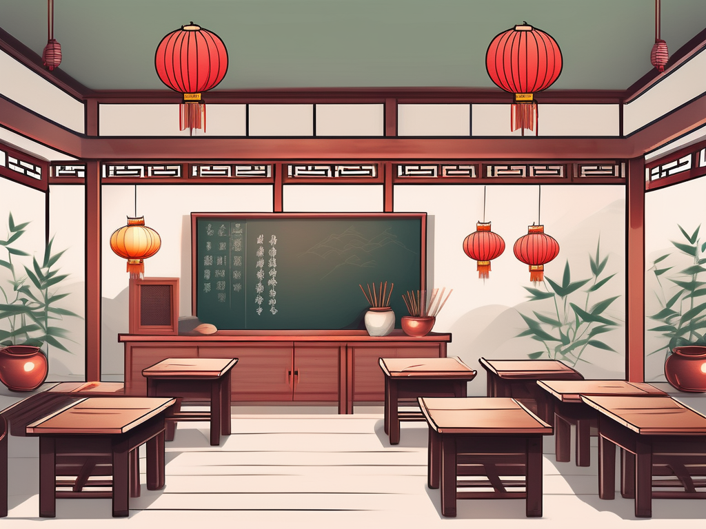 A traditional chinese classroom setting with a chalkboard