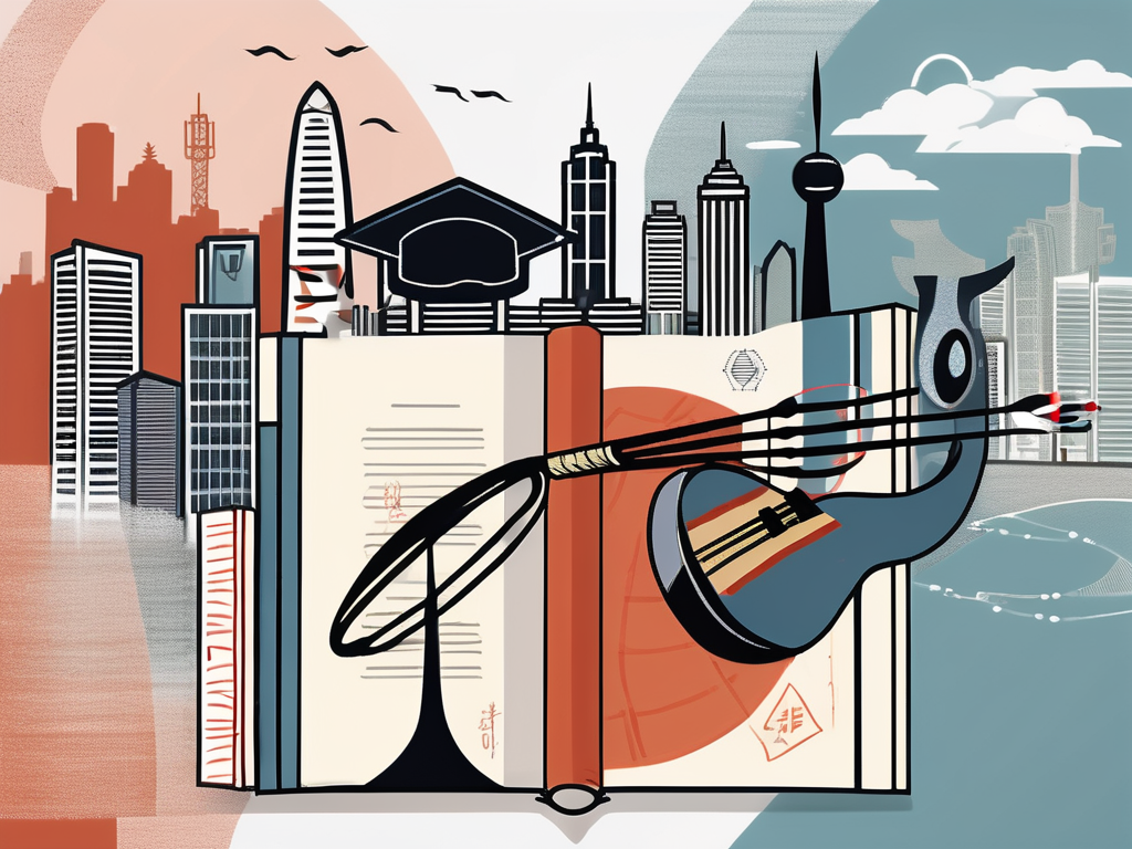 Four symbolic representations of arts and humanities such as a paintbrush