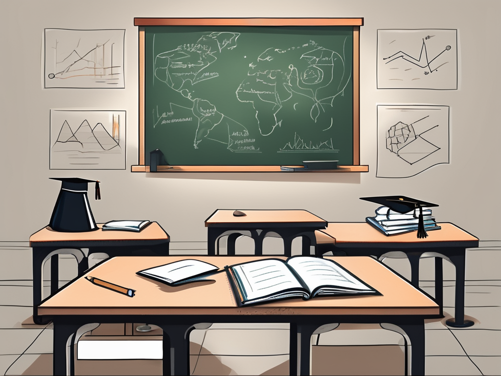 A classroom setting with a teacher's desk