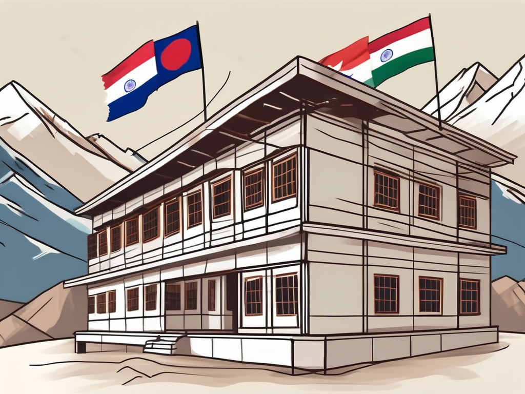 A traditional nepalese school building with international flags fluttering in the wind