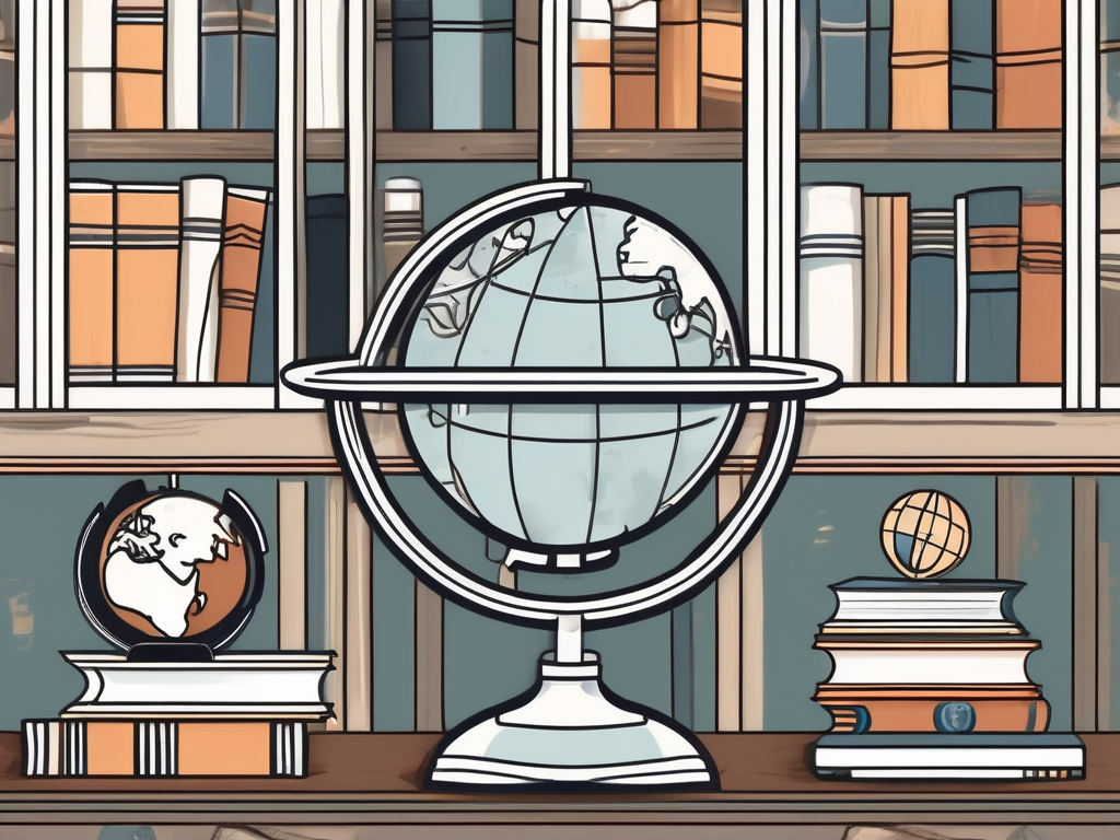 A traditional norwegian school building with a globe and various educational tools such as books