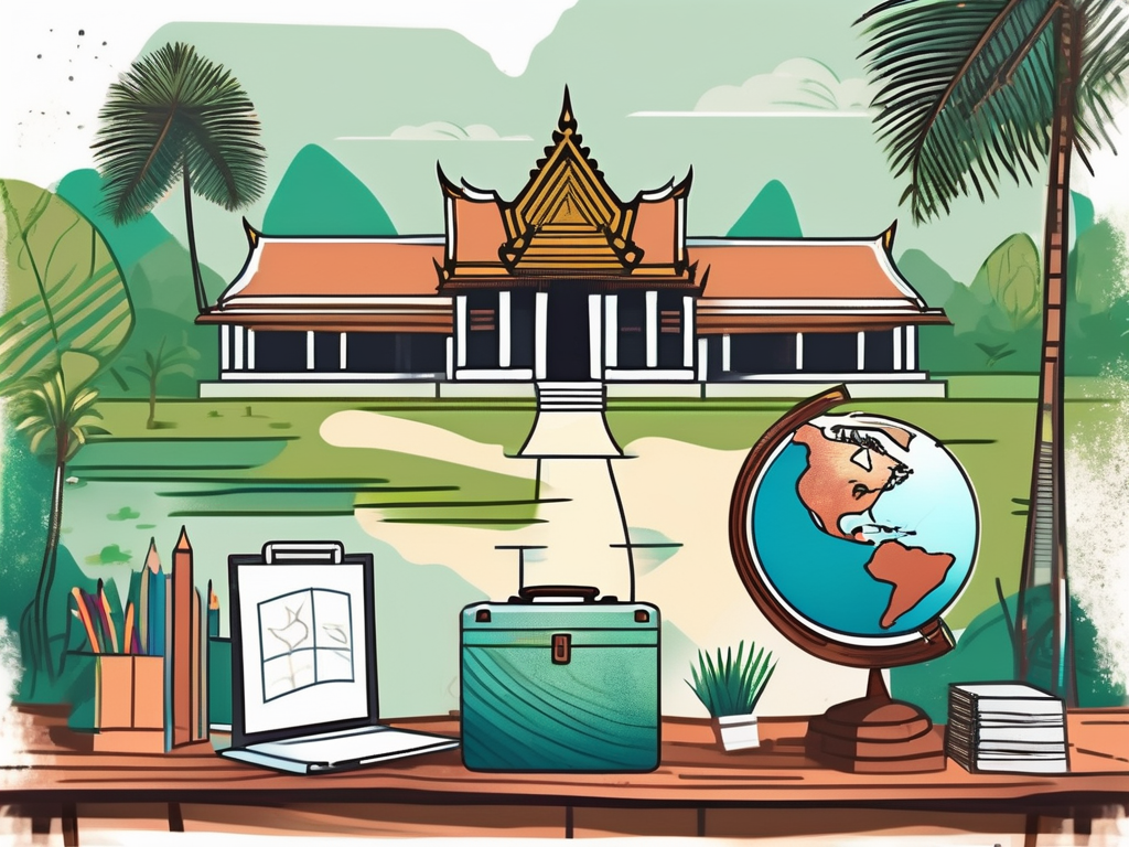 A classroom setting in cambodia with various international elements like a globe