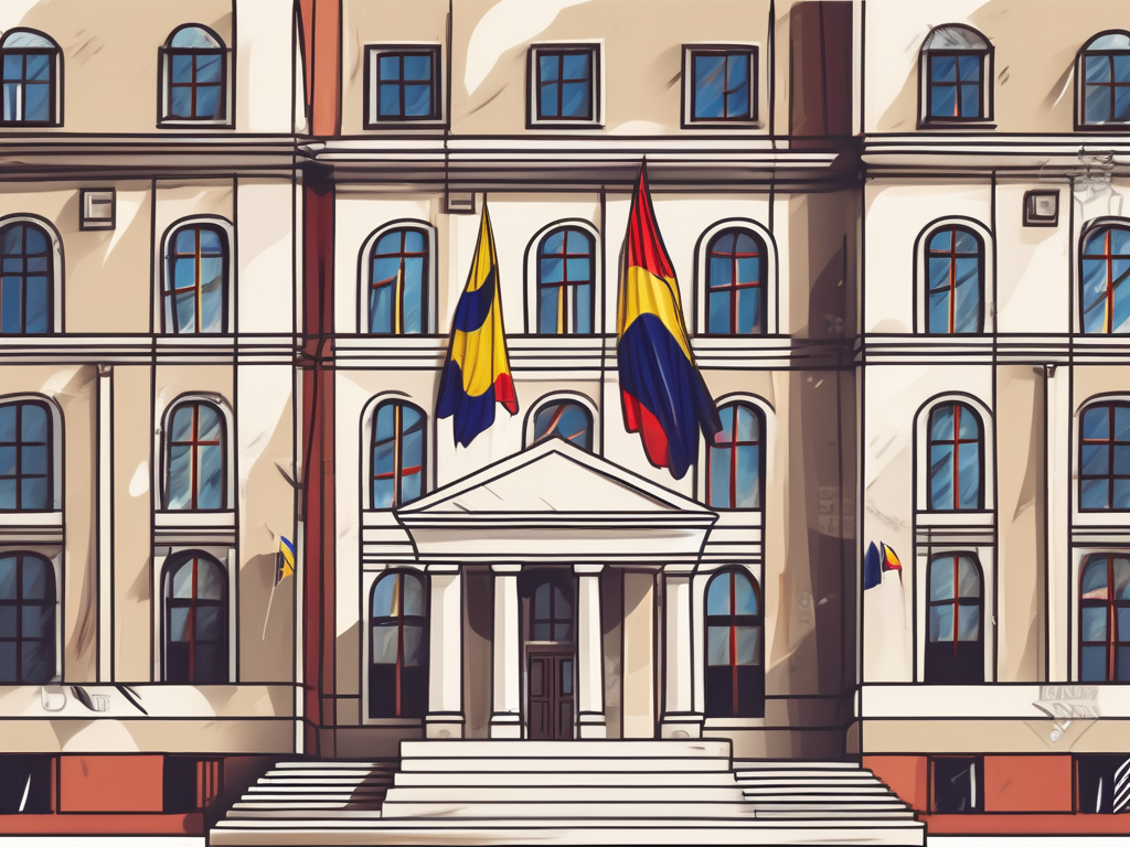 A traditional romanian school building with several international flags fluttering in the wind