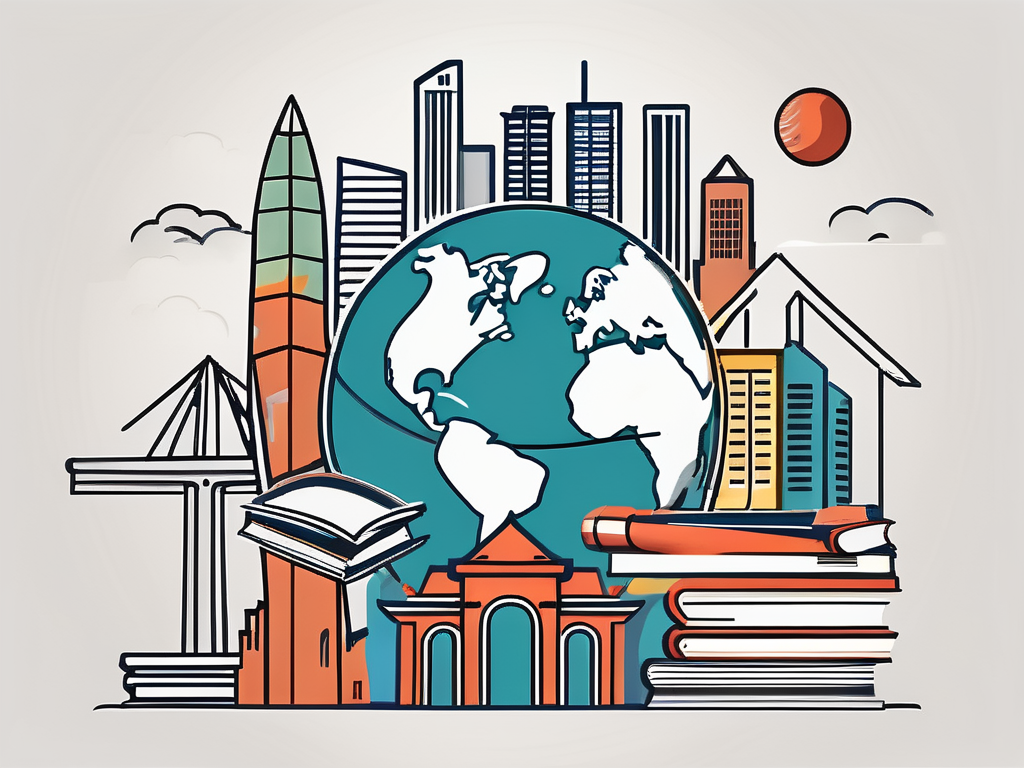 A singapore skyline with various international school buildings and symbolic icons representing teaching tools and qualifications