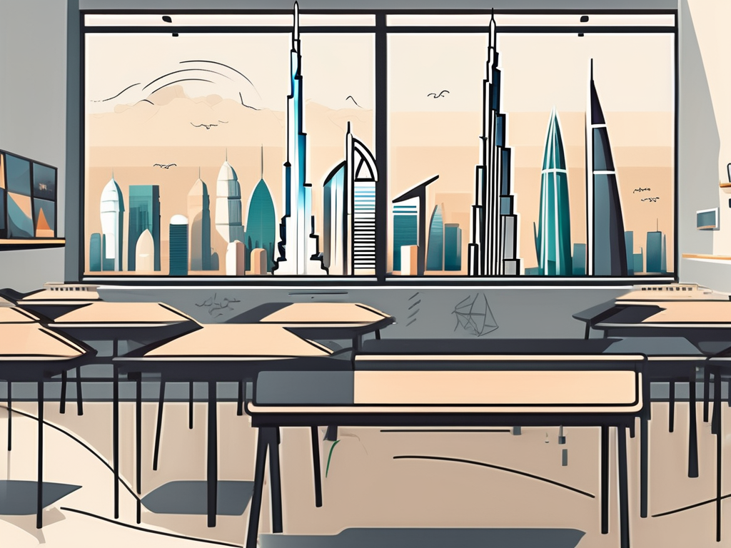 A classroom setting with various international symbols