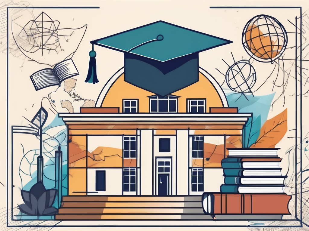 A sri lankan international school building surrounded by educational symbols like a globe