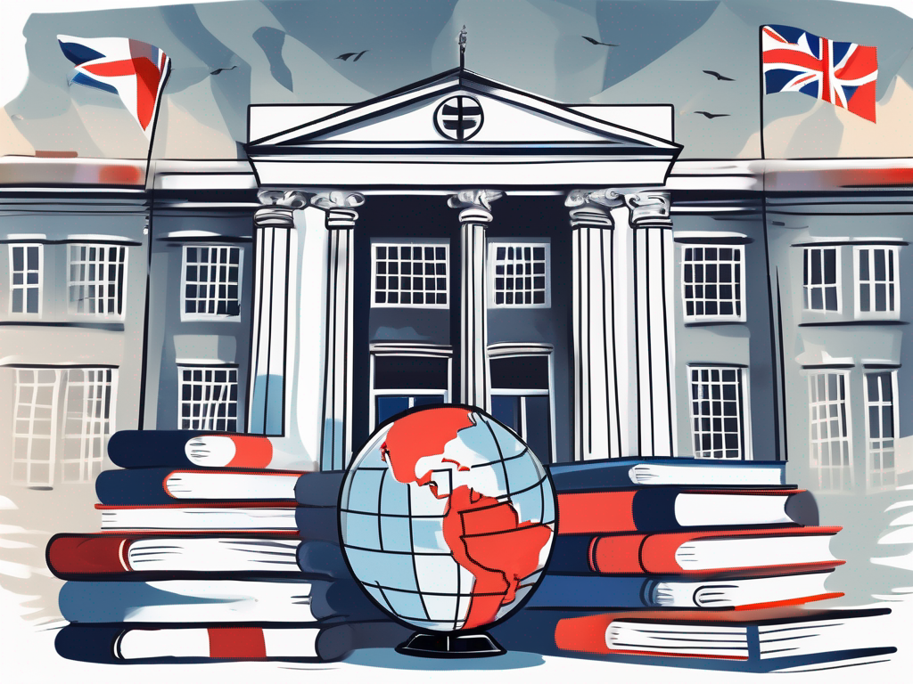 A traditional british school building with international flags fluttering around