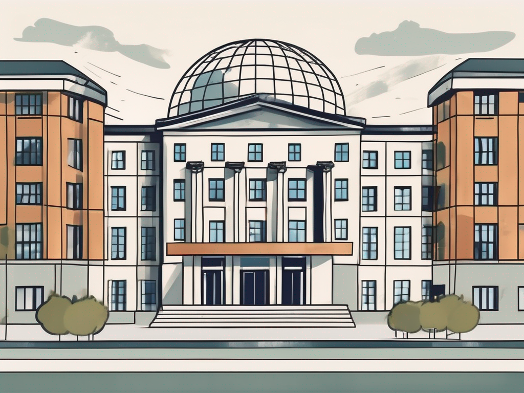 An international school building in berlin with various educational symbols like books